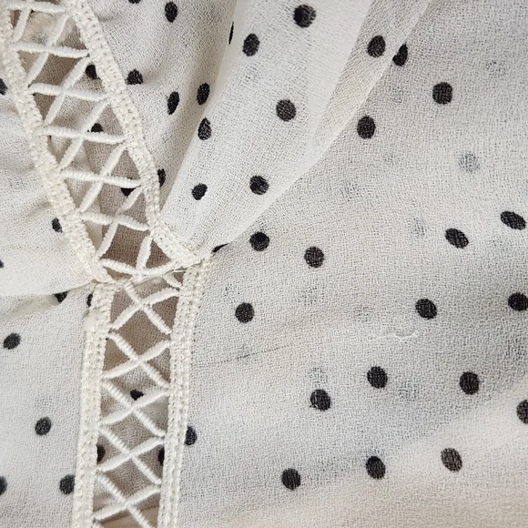 Women's Cream & Black Speck Print Peasant High Neck Sheer Blouse Large - Picture 15 of 16